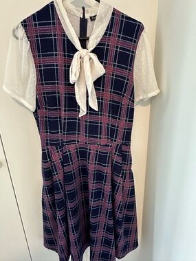 Women’s Navy Plaid Tie-Neck Dress with White Bow
